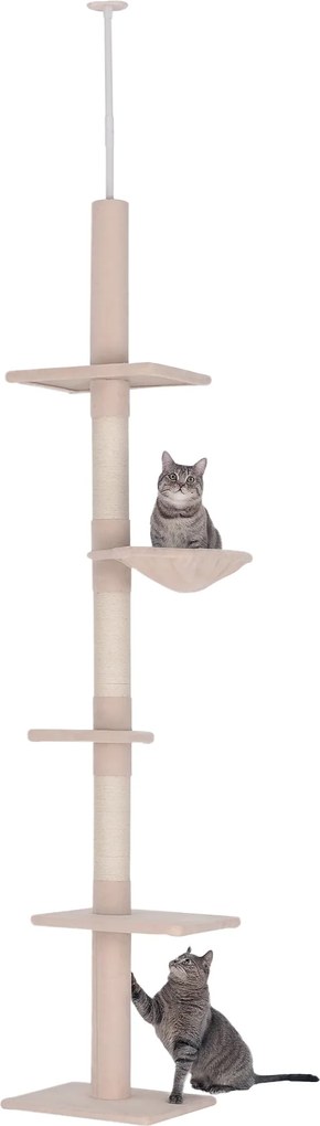PawHut Stropný výškový nastavitelný strom pre mačky so sisalovými stĺpmi, pevný strom na šplhanie pre mačky, béžový, 40 x 34 x 230-260 cm | Aosom