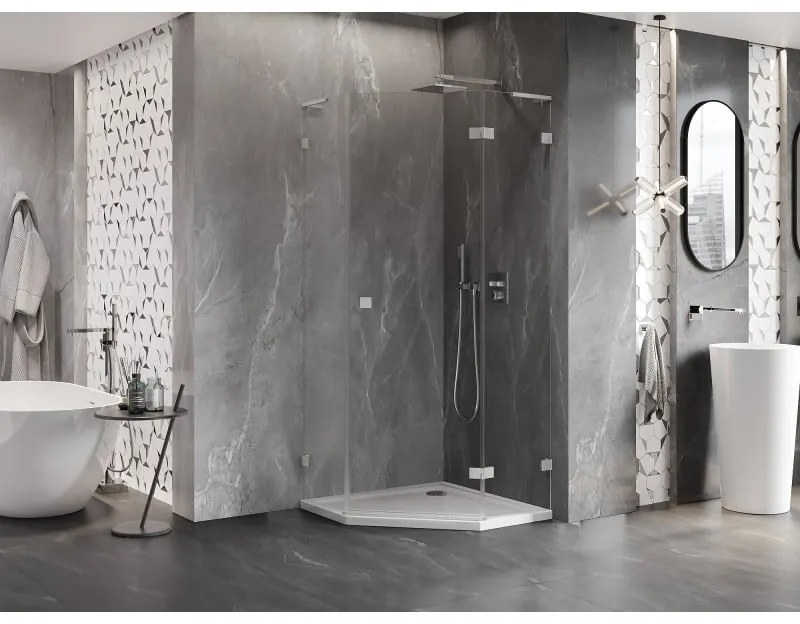 Mexen Lunar, L pravý výklopný päťuholníkový sprchový kút 100x100 cm, 8mm číre sklo, oceľový profil, 831L-100P-100L-97-00-P