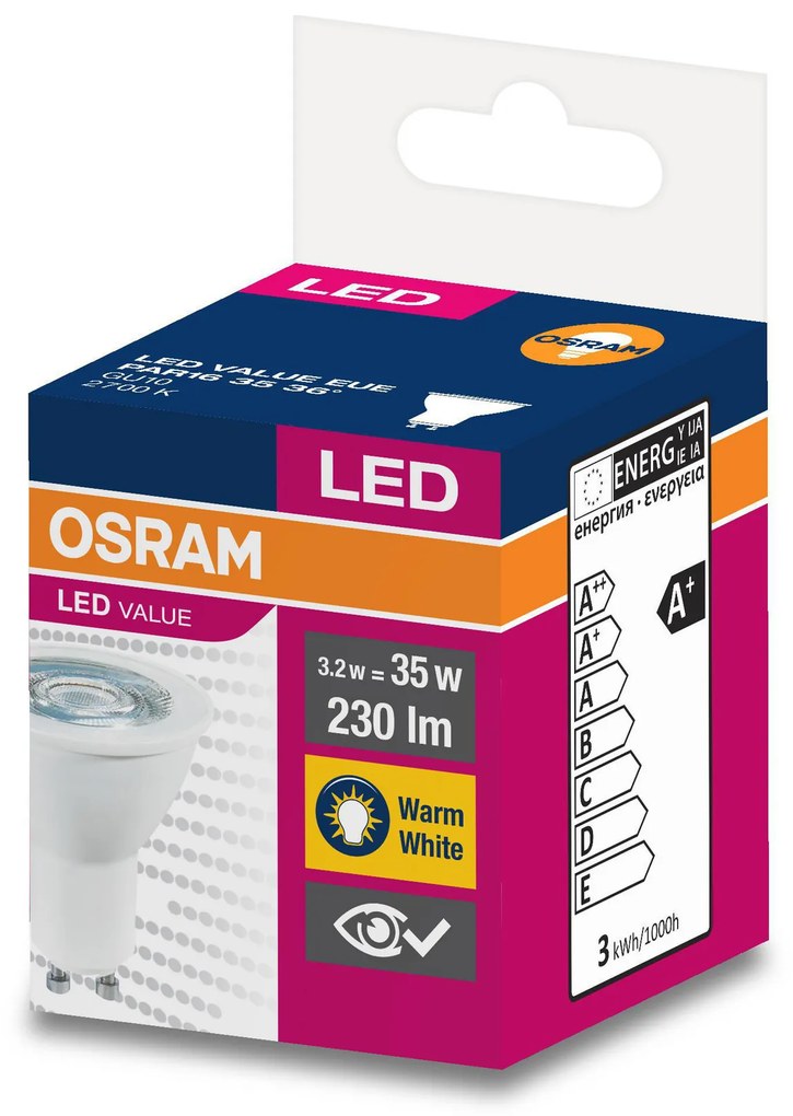 OSRAM LED žiarovka GU10, PAR16, 3,2W, 230lm, 2700K, teplá biela, 36°