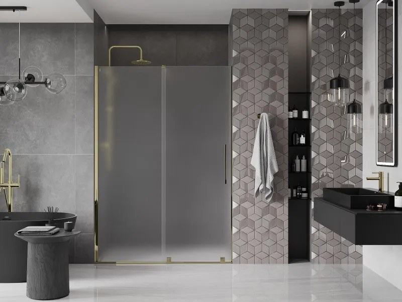 Mexen Velar, posuvné sprchové dvere do otvoru 140 cm, 8mm sklo námraza, zlatá lesklá, 871-140-000-31-50