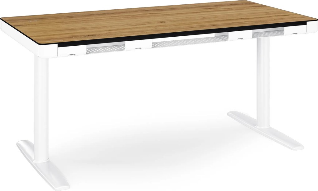 Elektrický písací stôl sit-stand so zásuvkou a bezdrôtovou nabíjačkou Qi biely/zlatý dub, 1400 mm: ELLIS