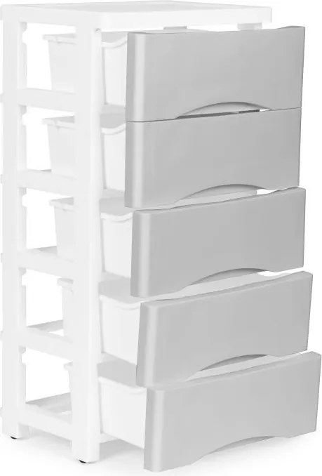 Polica s 5 výsuvnými zásuvkami, nohy s kolieskami, farebné zásuvky