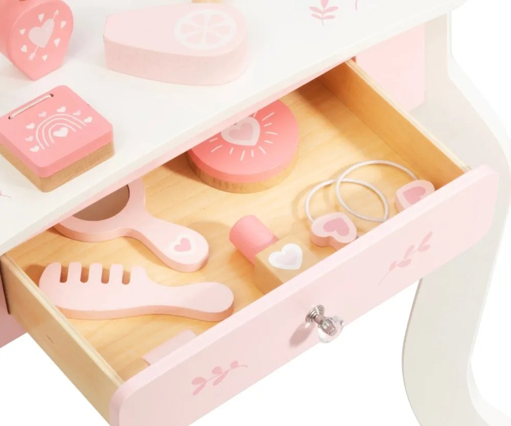 Veľká drevená toaletka ELLY pre deti s LED svetlom a taburetkou ružová