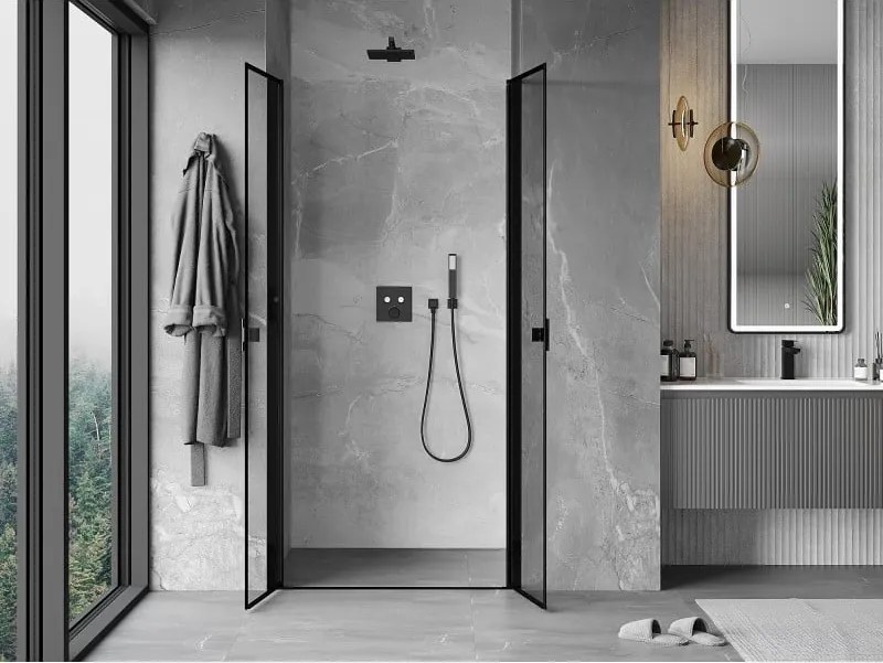 Mexen MIST, 2-krídlové sprchové dvere (d+d) 110x200 cm, 6mm číre sklo s čiernym vzorom, čierny profil, 8A7-110-000-70-70