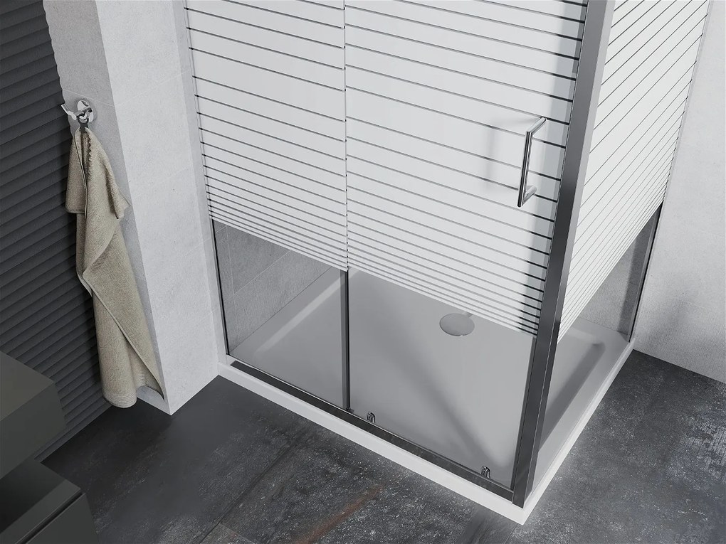 Mexen APIA, sprchový kút s posuvnými dverami 130 (dvere) x 90 (stena) cm, 5mm číre-pásy sklo, chrómový profil + slim sprchová vanička 5cm, 840-130-090-01-20-4010