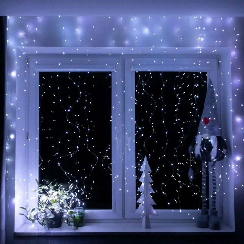 SPRINGOS LED Nano svetelný záves - 3x3m, 300LED, 8 funkcií, ovládač, USB, IP44, studená biela