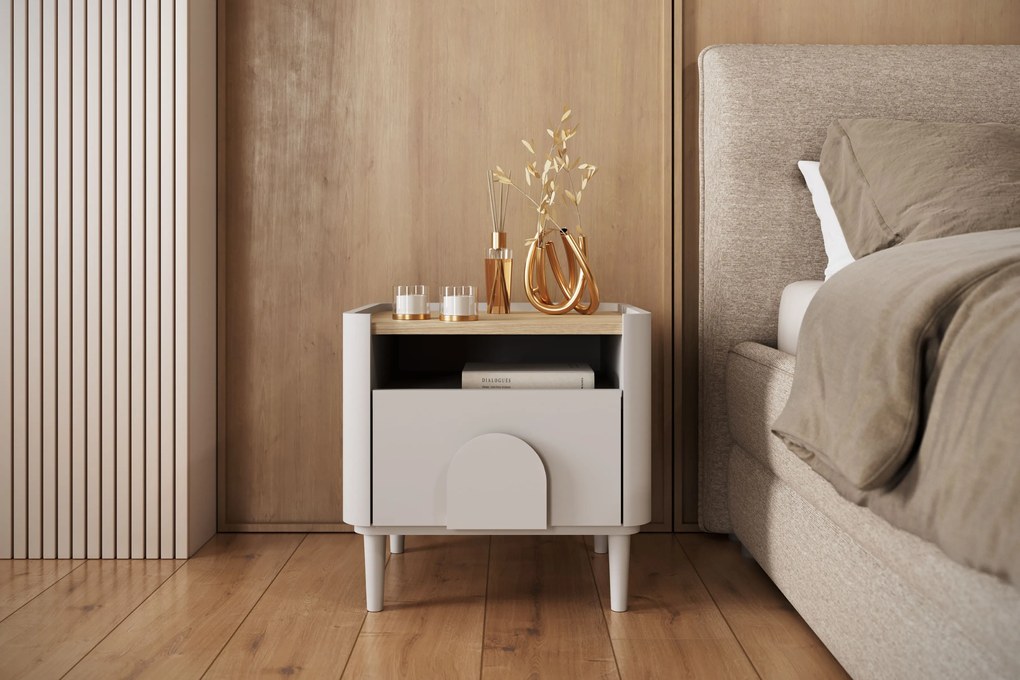 Nočný stolík Amilio 50 cm na nožičkách - kašmírová / dub olejovaný