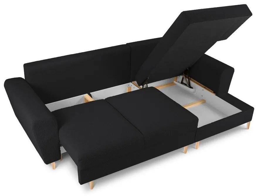 Čierna rozkladacia/s úložným priestorom rohová pohovka z textílie buklé (pravý roh/s leňoškou) Kyoto – Cosmopolitan Design