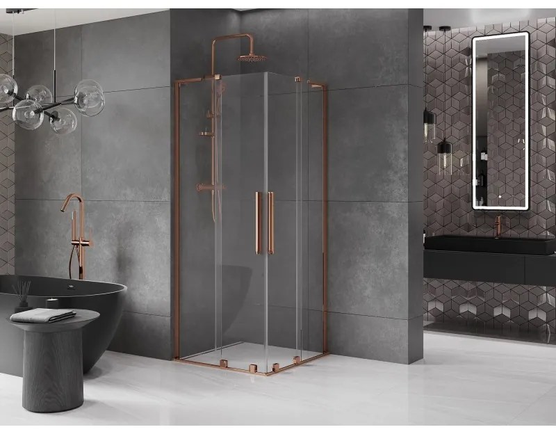 Mexen Velar L Duo, sprchový kút s posuvnými dverami 80 x 80 cm, 8mm číre sklo, ružové zlato, 871-080-080-02-03-60