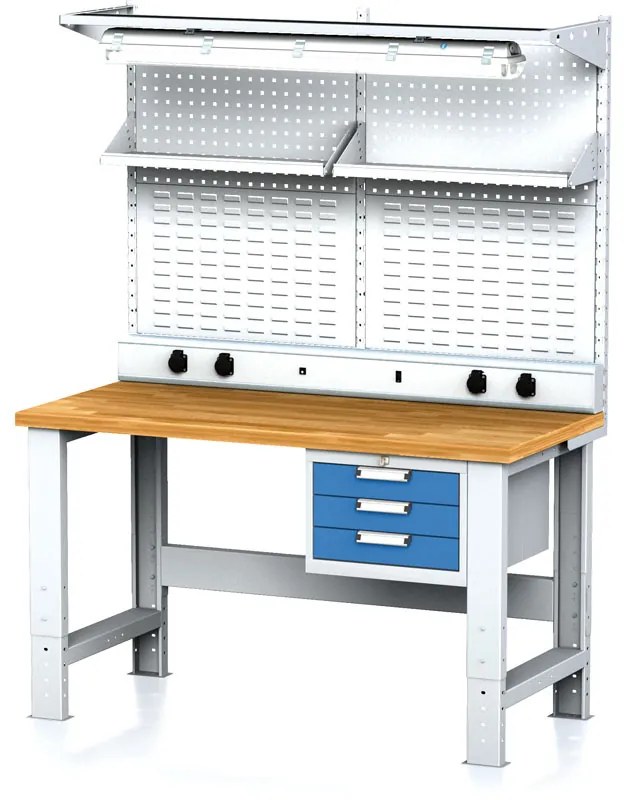 Alfa 3 Nastaviteľný dielenský stôl MECHANIC I + závesný box, nadstavba, polica, el. zásuvky a osvetlenie, 3 zásuvky, 1500x685x700-1055 mm, modré