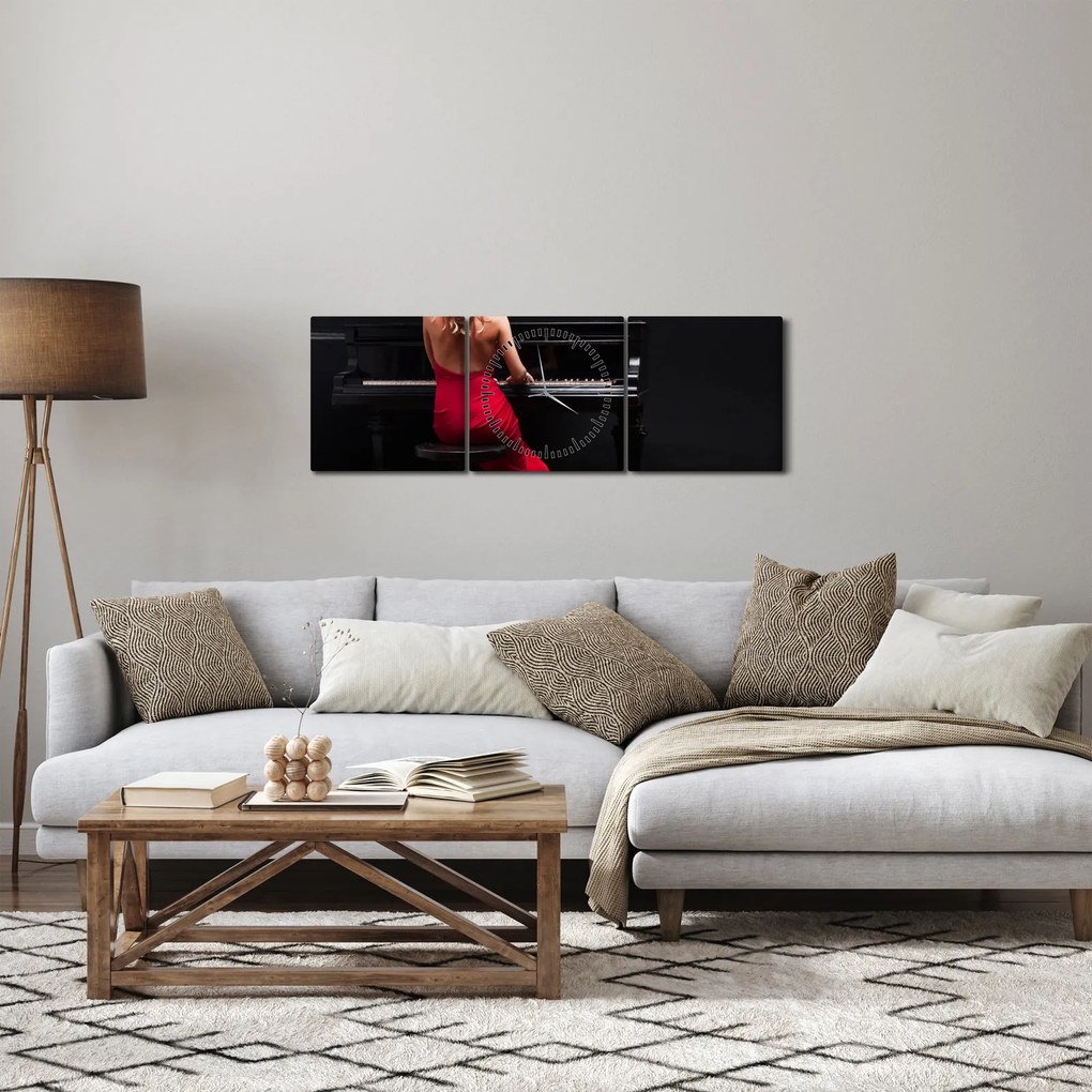 Obraz ženy hrajúce na klavír (s hodinami) (90x30 cm)