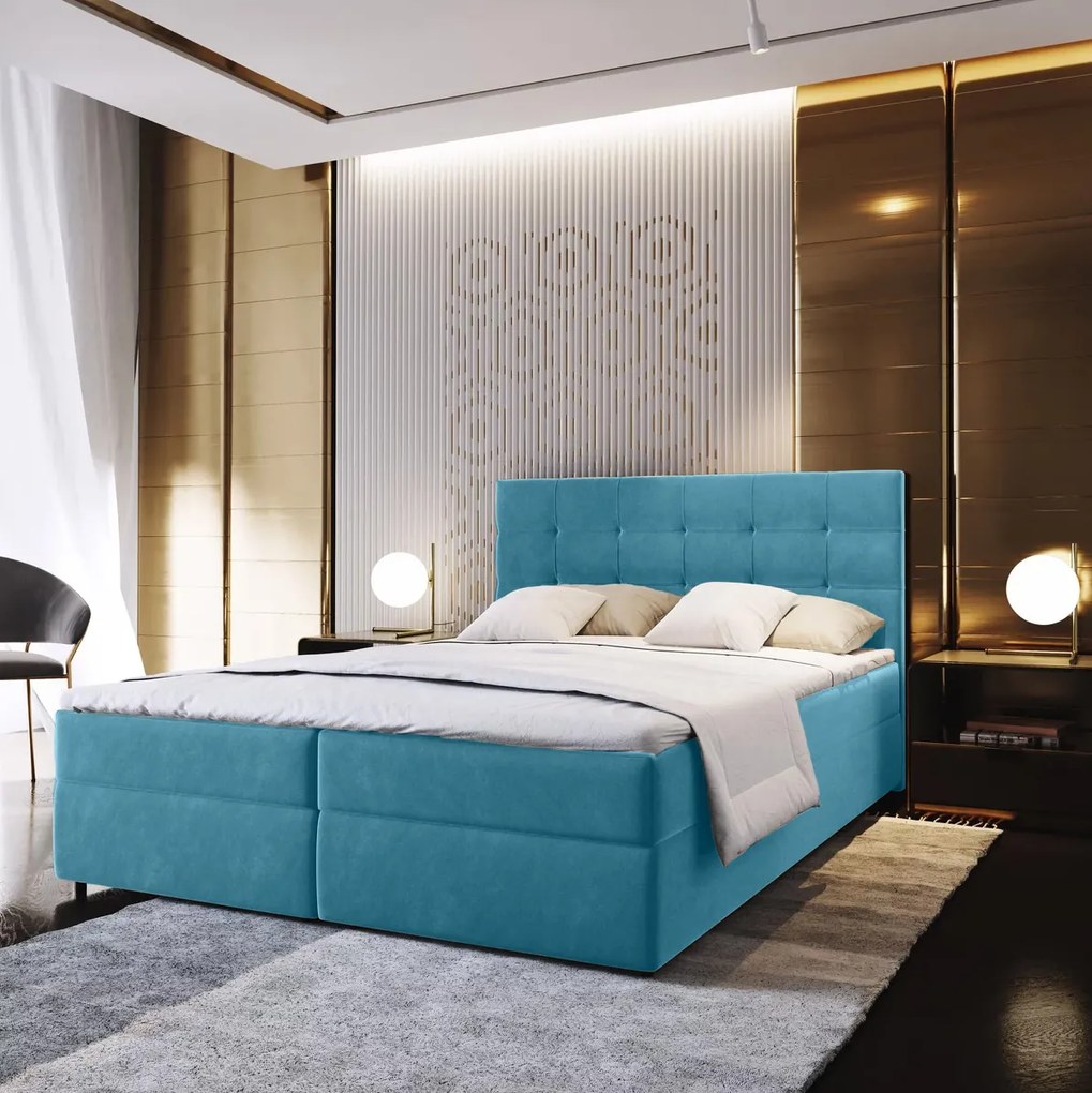 Čalúnená posteľ boxspring GLORIEN VELVET 180x200 cm modrá Matrac: Bonell pružinová matrac