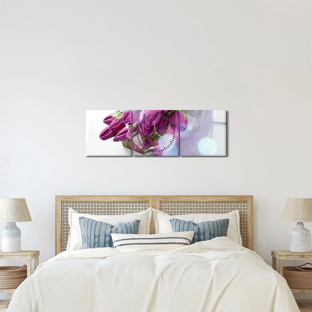Obraz - kytice tulipánov (s hodinami) (90x30 cm)