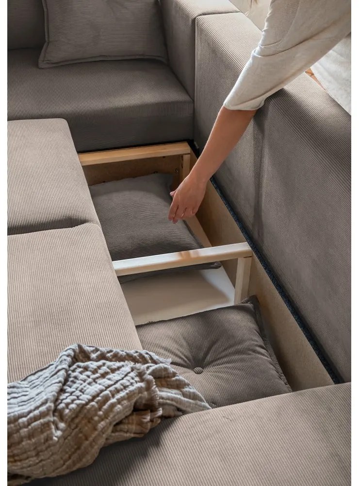 Svetlohnedá menčestrová rozkladacia rohová pohovka (ľavý roh/do "U") Lazy Lukka – Miuform