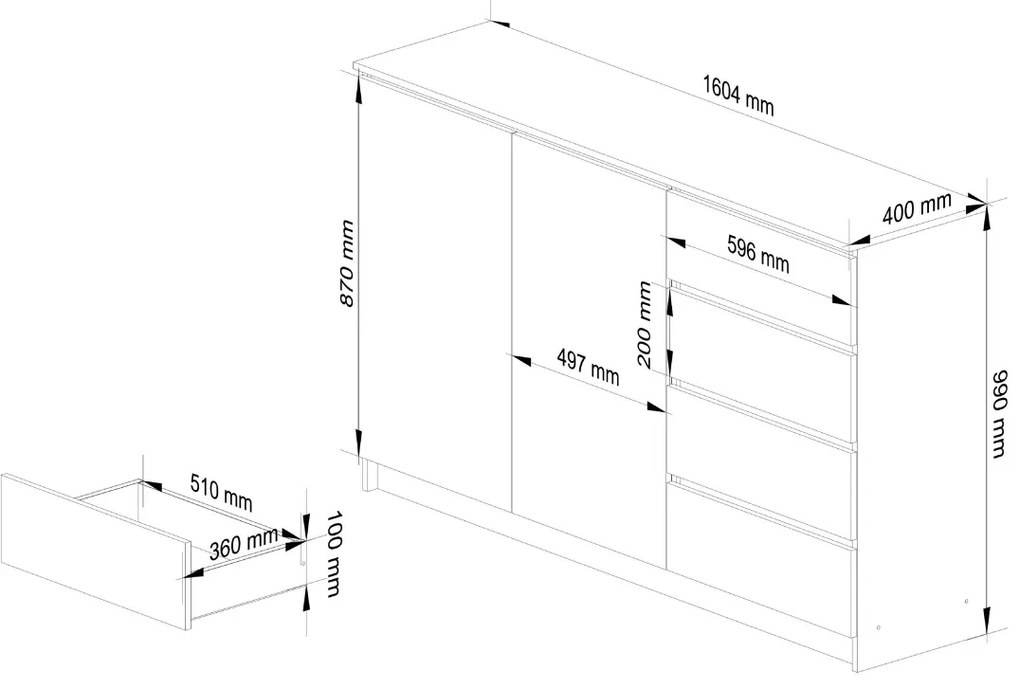 Komoda K013 160 cm biela - 2 skrinky a 4 šuplíky