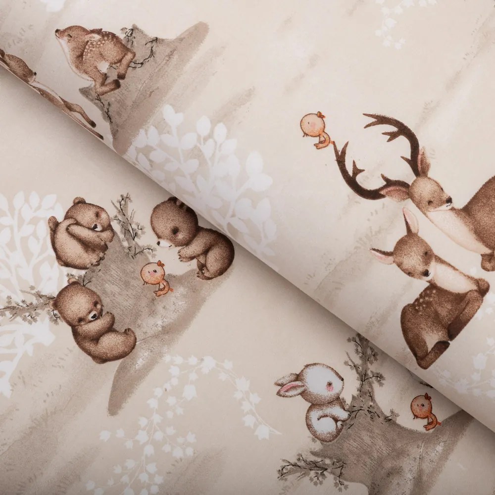 Biante Detský bavlnený behúň na stôl Sandra SA-698 Hnedé lesné zvieratká na béžovom 20x160 cm