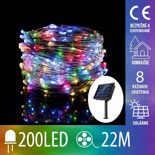 Vianočná led svetelná mikro reťaz solárna + programator - 200led - 22m multicolour