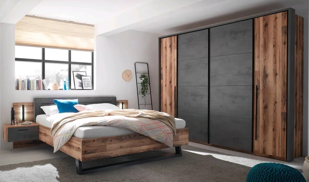 Šatníková skriňa Sarnia, 312 cm, zrubová dosky / tmavý betón