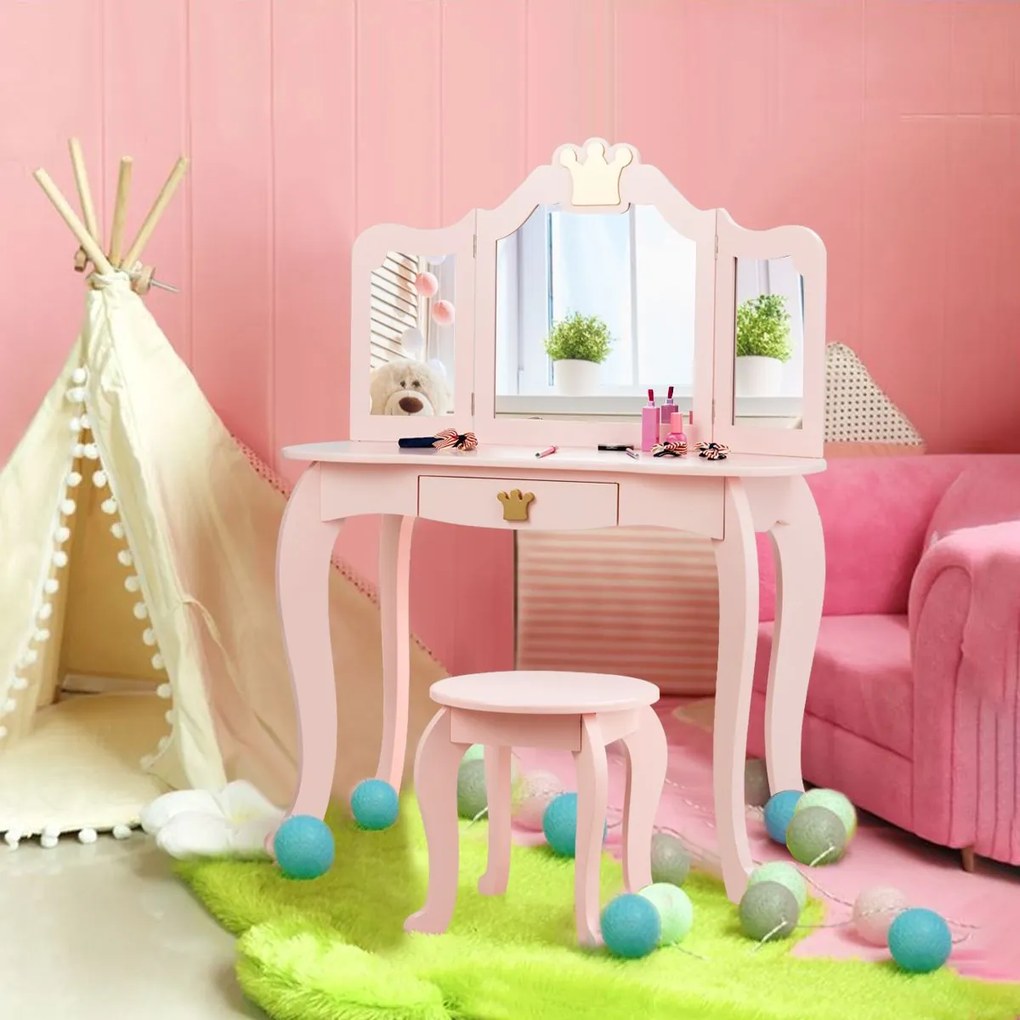 2v1 detský toaletný stolík s taburetkou a trojitým zrkadlom, ružová
