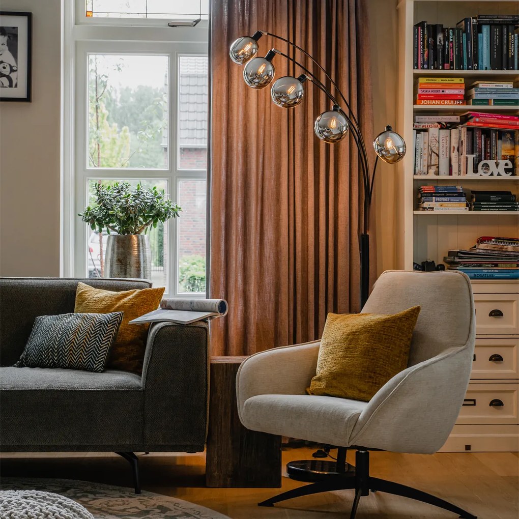 Dizajnová stojaca lampa čierna s dymovým sklom 5-svetlo - Sixties Marmo