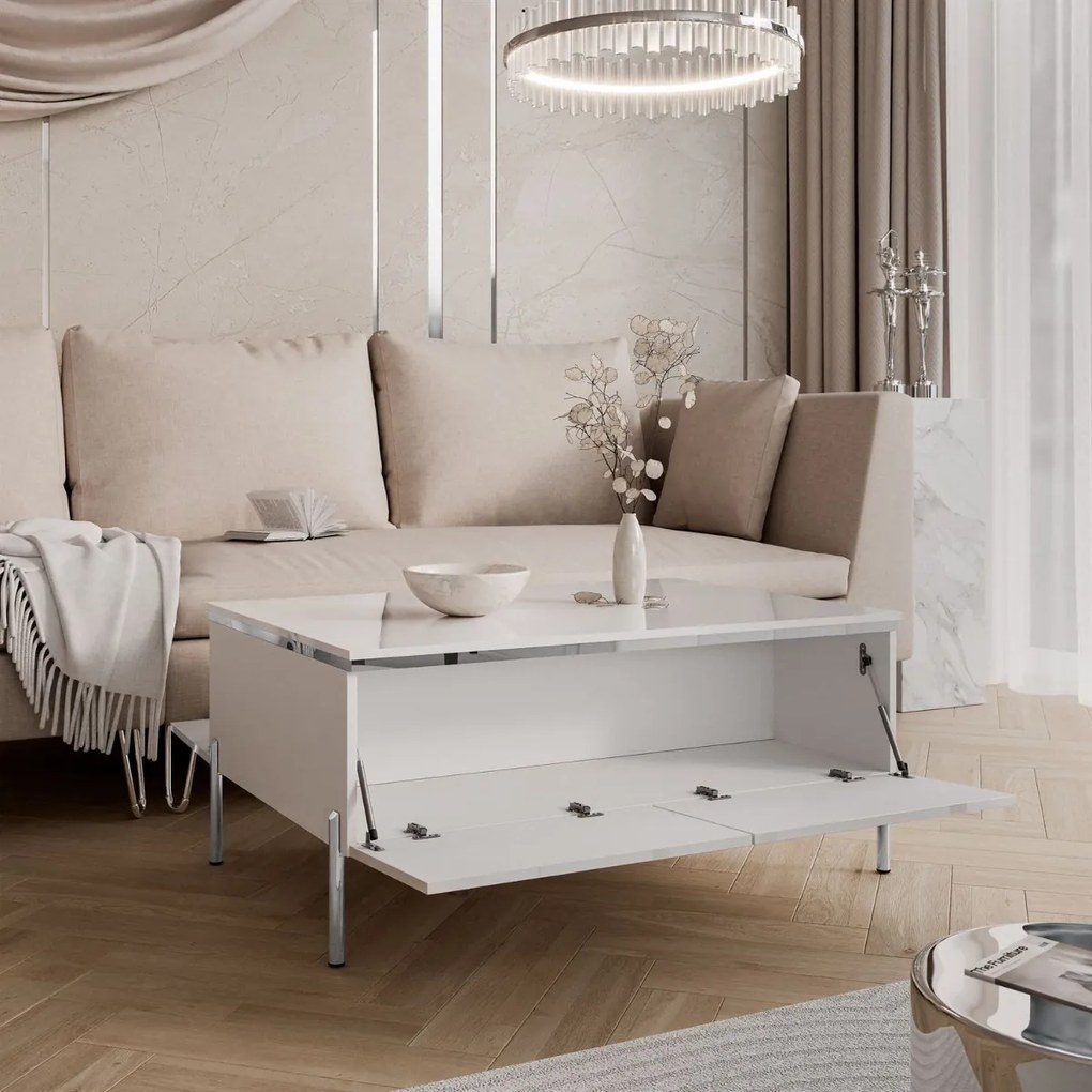 KONFERENČNÝ STOLÍK NESSIE 2 BIELY LESK + STRIEBORNÝ 90 cm