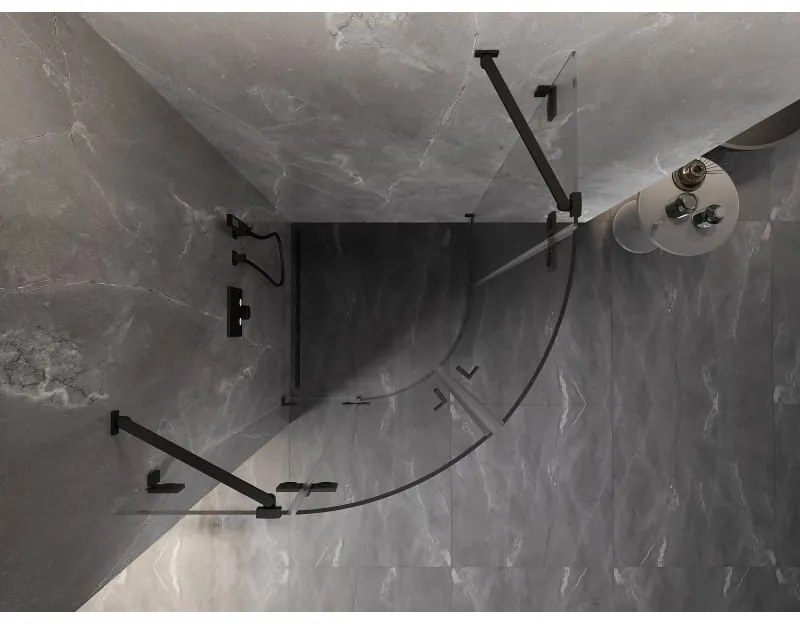 Mexen Lunar, polkruhový výklopný sprchový kút 90 x 90 cm, 8mm číre sklo, čierny profil, 833-090L-090P-70-00