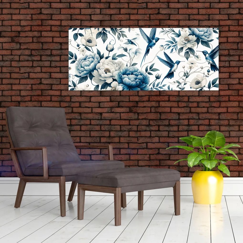 Obraz - Kolibríky s kvetmi (120x50 cm)