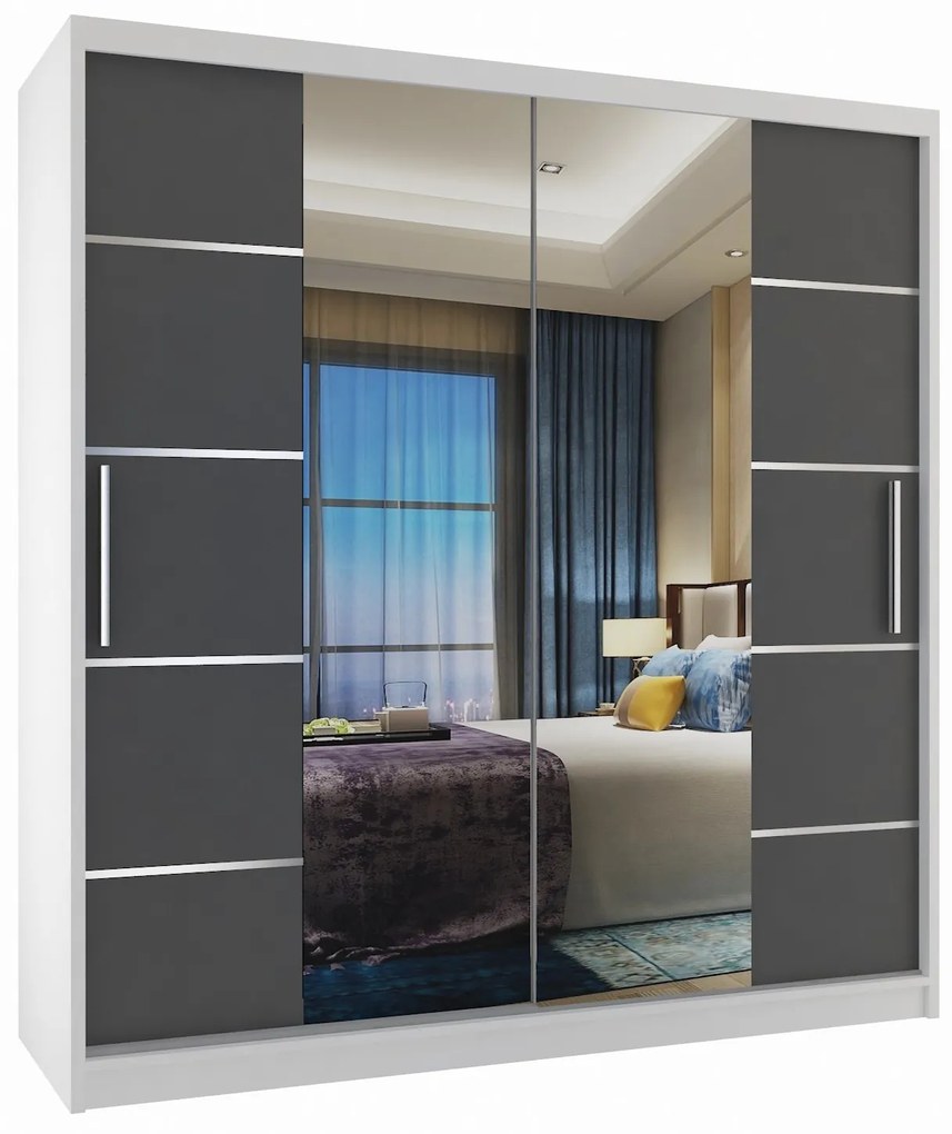 Šatníková skriňa 158 cm Belini biely mat / šedý mat s posuvnými dverami zrkadlom a zásuvkami  ME SZP7/0/W/SR/0/KLAL
