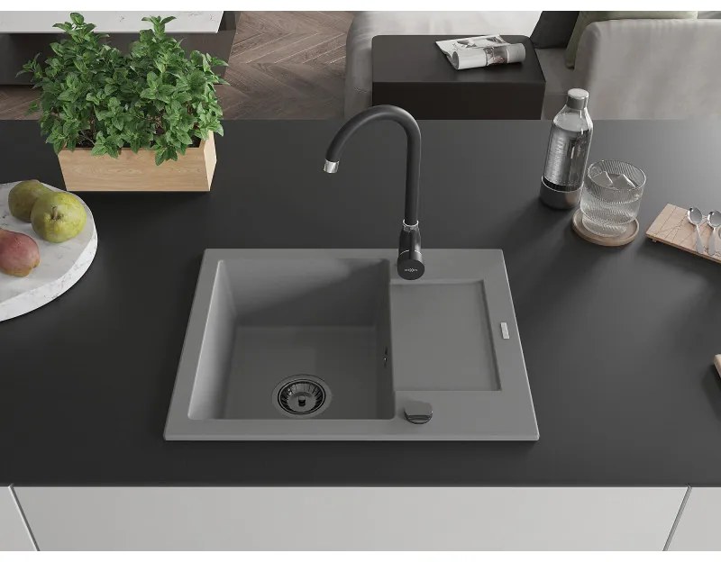 Mexen Enzo, granitový drez 576x465x174 mm, 1-komorový, šedá s čiernym sifónom, 6506571005-71-B