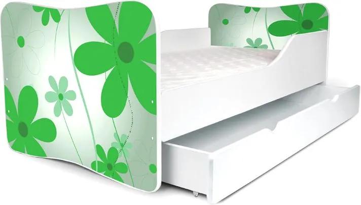 MAXMAX Detská posteľ so zásuvkou KVETY zelené + matrac ZADARMO