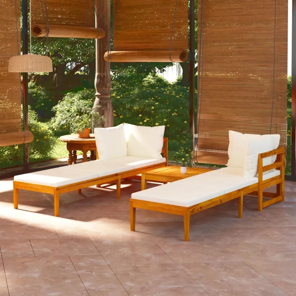 3-dielna záhradná sedacia súprava s krémovo-bielymi podložkami akáciové drevo