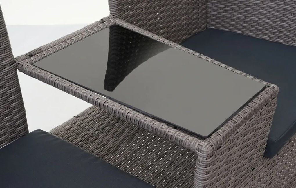 Záhradná lavica so stolíkom E24 - umelý ratan, 132cm - Sivá, sedáky tmavosvá