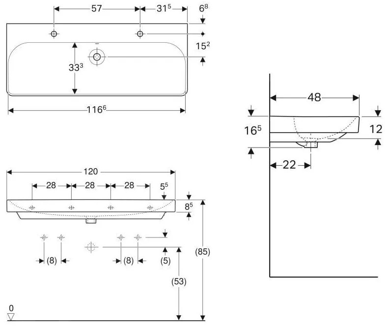Geberit Smyle Square, dvojumývadlo 1200x480 mm s prepadom, 2 otvory na batérie, biela, GEB-500.253.01.1