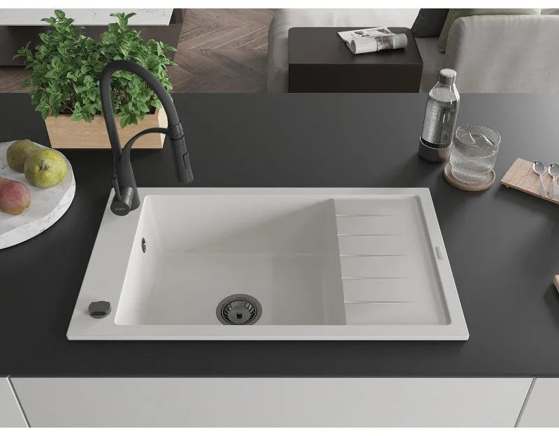 Mexen Elias, 1-komorový granitový drez 795x480x200 mm a drezová batéria Aster, biela, 6511-20-73450-70-B