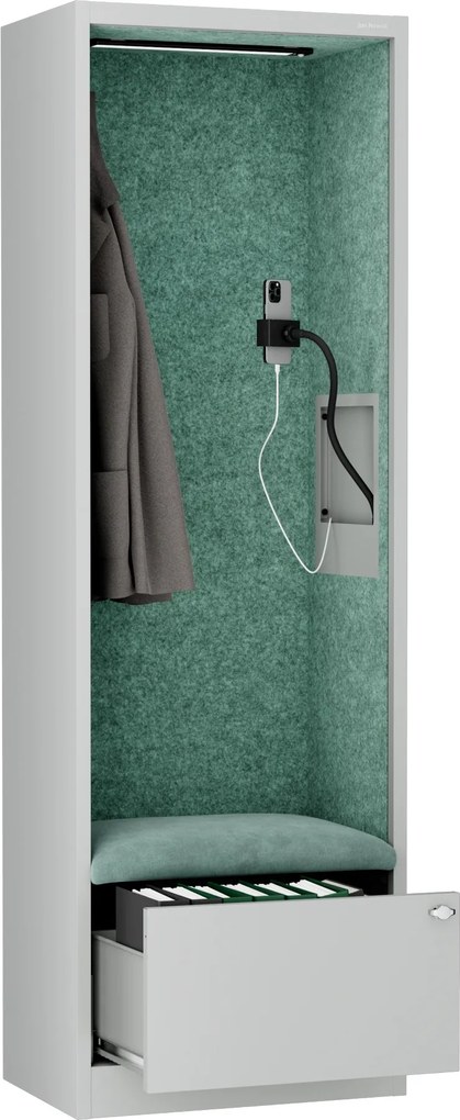 Akustická kabína SALLY MentalBox 600 mm – sivý korpus, zelené sedadlo