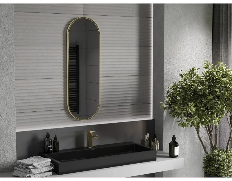 Mexen Loft, oválne kúpeľňové zrkadlo 100 x 35 cm, farba rámu zlatá lesklá, 9851-100-035-000-50