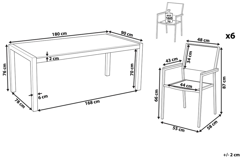 Sada záhradného nábytku stôl s bielou sklenenou doskou 180 x 90 cm 6 béžových stoličiek GROSSETO Beliani