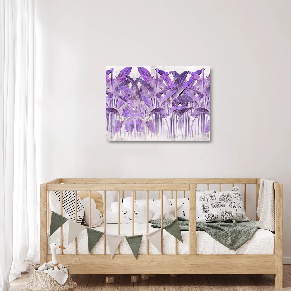 Sklenený obraz - Fialové listy v omietke (70x50 cm)