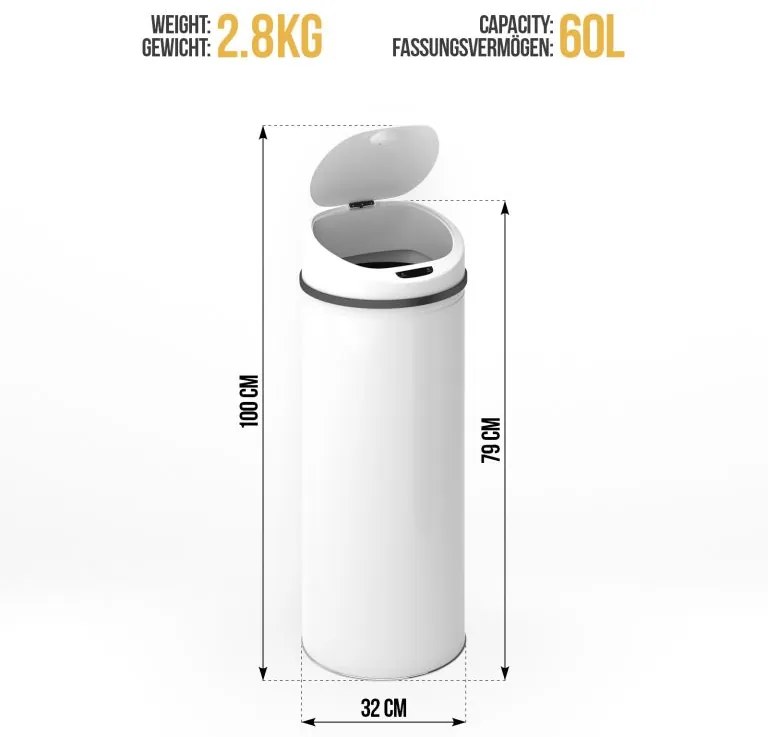 Bezdotykový odpadkový kôš so senzorom, 60 l, biely