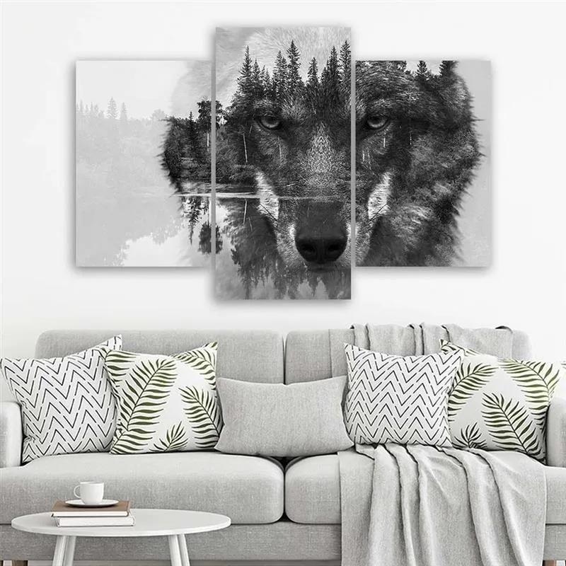 Obraz na plátně třídílný Wolf Forest černá a bílá - 60x40 cm