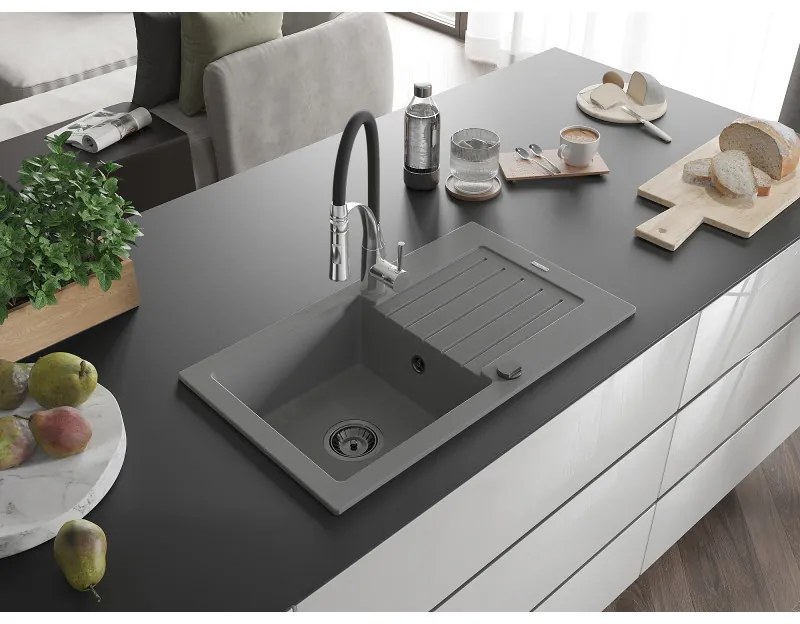Mexen Pablo, 1-komorový granitový drez 752x436x161 mm a drezová batéria Aster, šedá, 6510-71-73450-07-B
