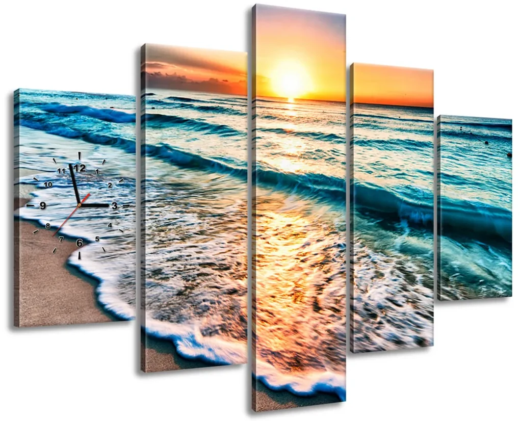 Gario Obraz s hodinami Západ slnka v Cancúne Mexiko - 5 dielny Rozmery: 150 x 70 cm