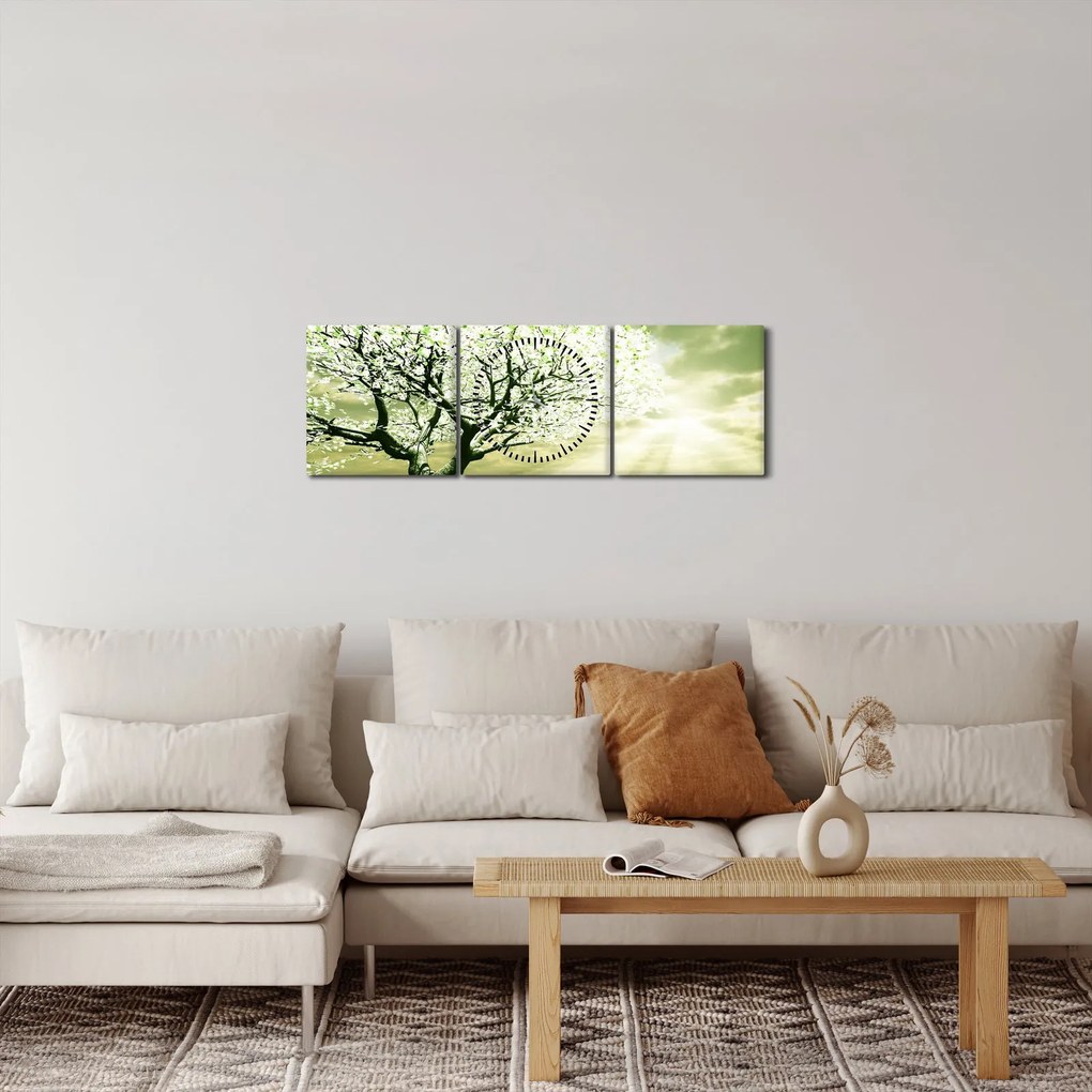 Obraz kvitnúceho stromu (s hodinami) (90x30 cm)