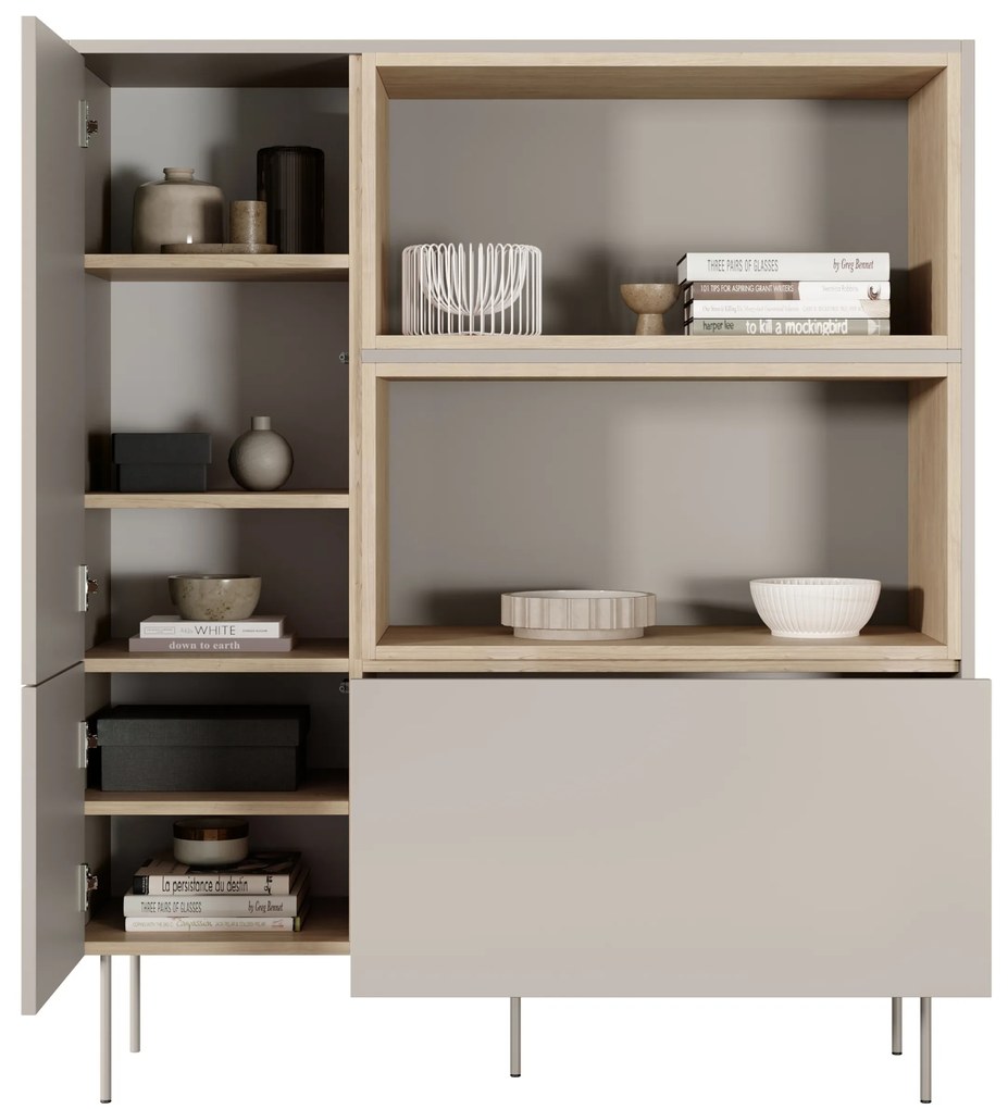 Komoda Desin 120 cm s otvorenými policami a zásuvkou - kašmír / dub nagano