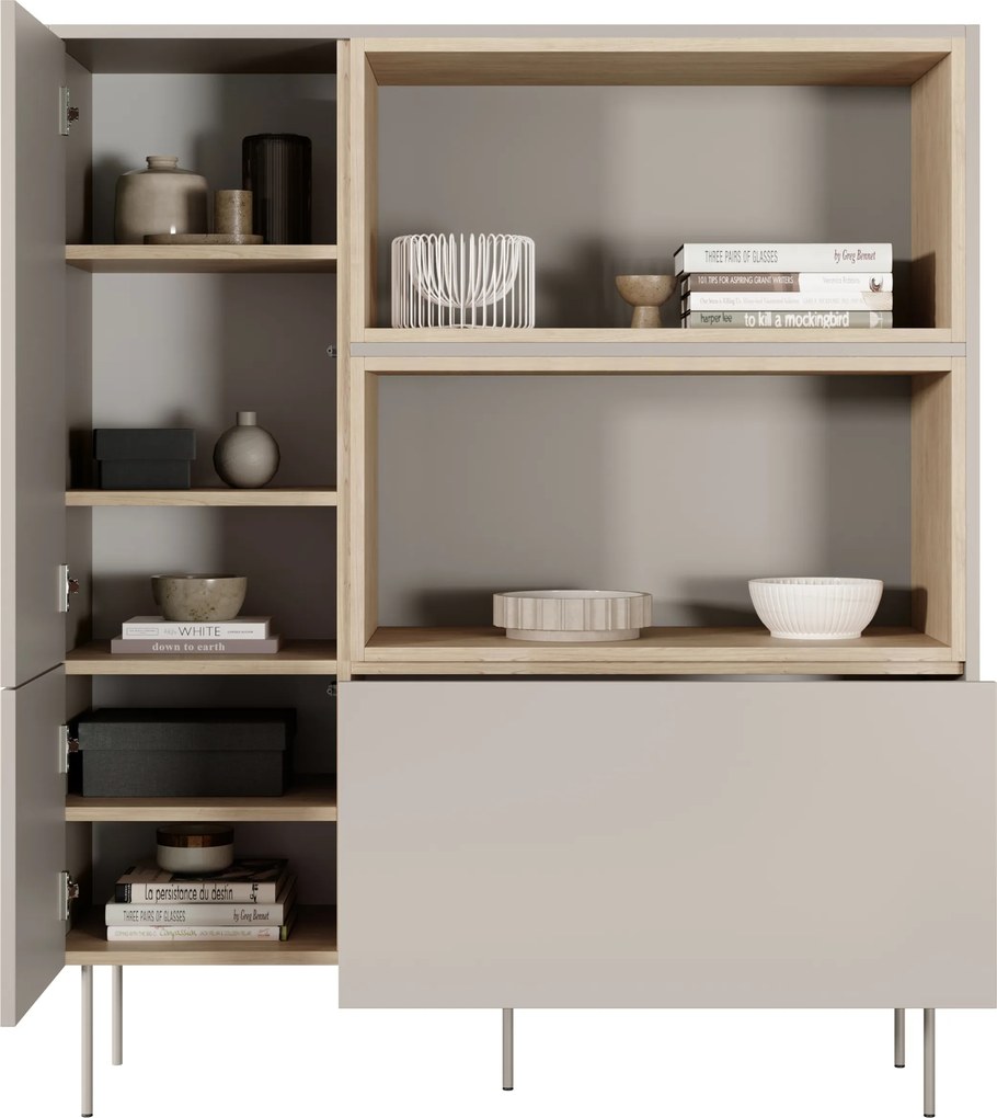 Vysoká komoda Desin 120 cm s dvoma dverami a zásuvkou - kasmír / dub Nagano