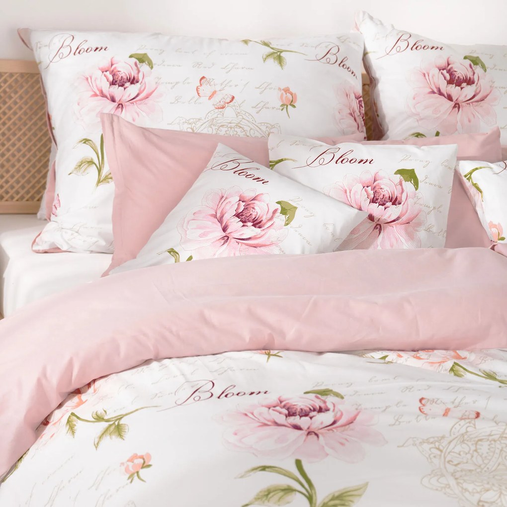 Goldea bavlnené posteľné obliečky duo - pivonky s textami s púdrovo ružovou 150 x 200 a 50 x 60 cm