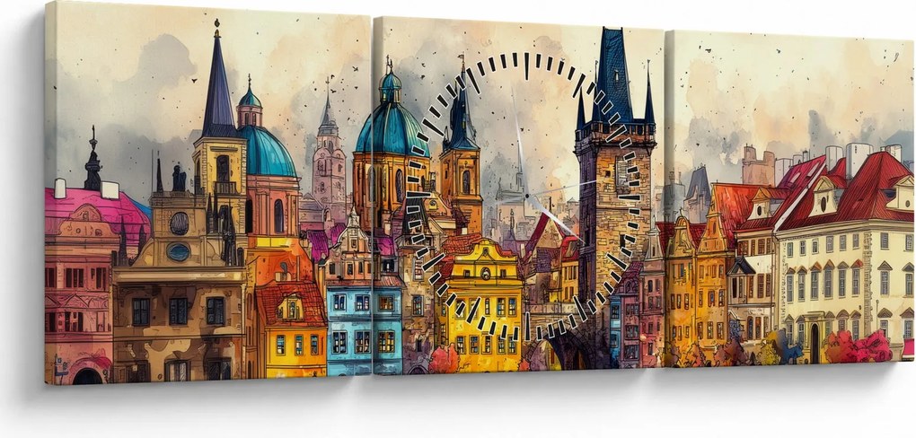 Obraz - Jeseň v maľovanom meste (s hodinami) (90x30 cm)