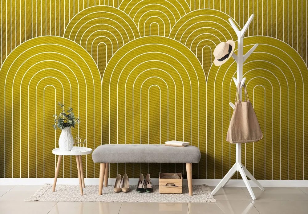 Tapeta horčicový vzor dúhy Mid-Century