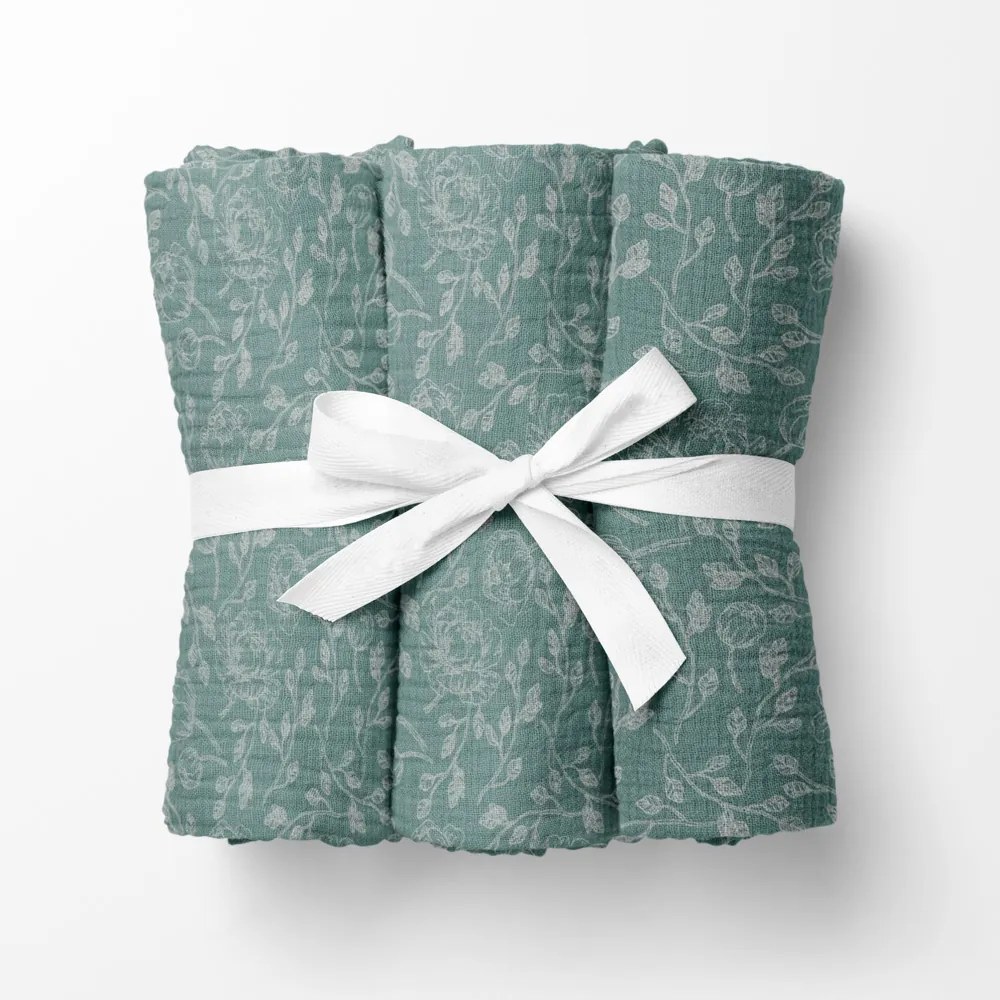 Biante Mušelínová plienka/dečka Nature MSN-048 Biele kvety na pastelovo modrozelenom - ZVÝHODNENÁ SADA 3 KS 100x100 cm - Sada 3 ks