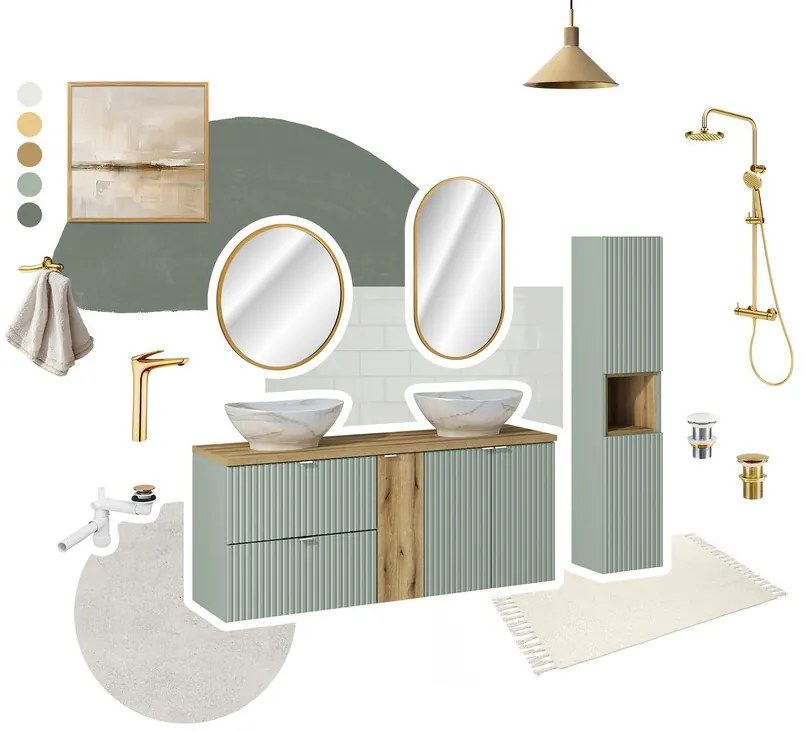 Závesná skrinka Line Reed Green Pati II s doskou a umývadlom zelená/dub evoke